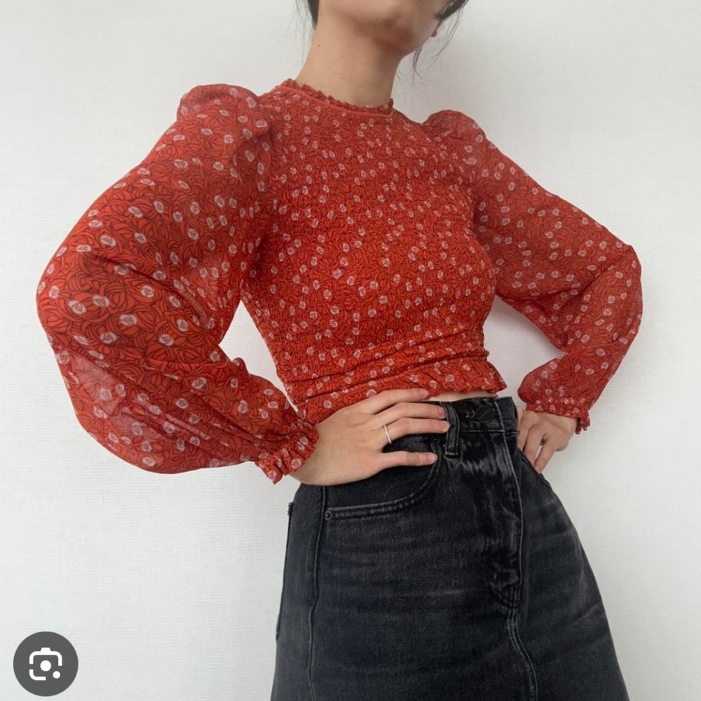 Aritzia Red Floral Smocked Crop Blouse